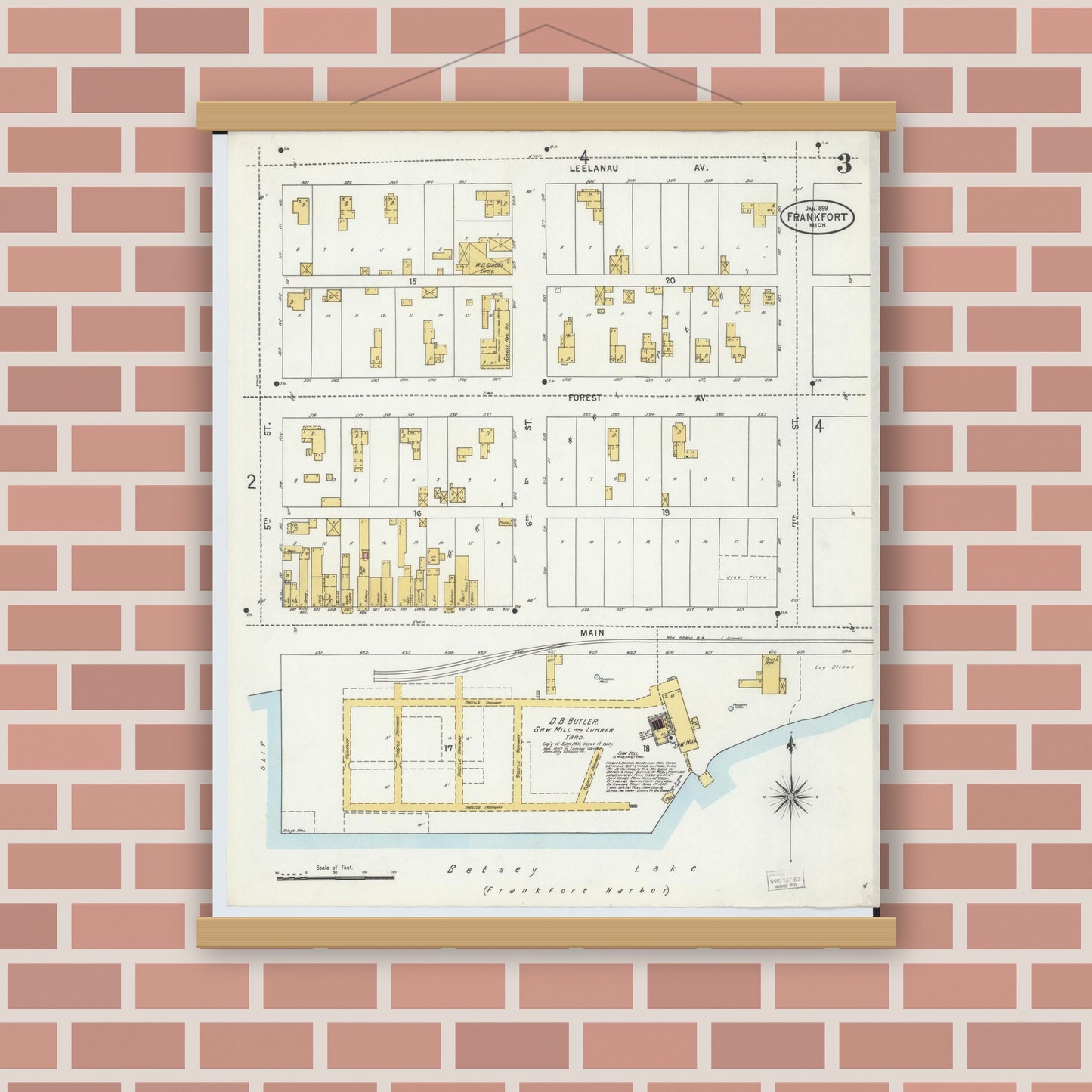 Old map wall art mockup — magnetic wood frame on brick wall — Sanborn Fire Insurance Map from Frankfort, Benzie County, Michigan (1899), Sheet #0003
