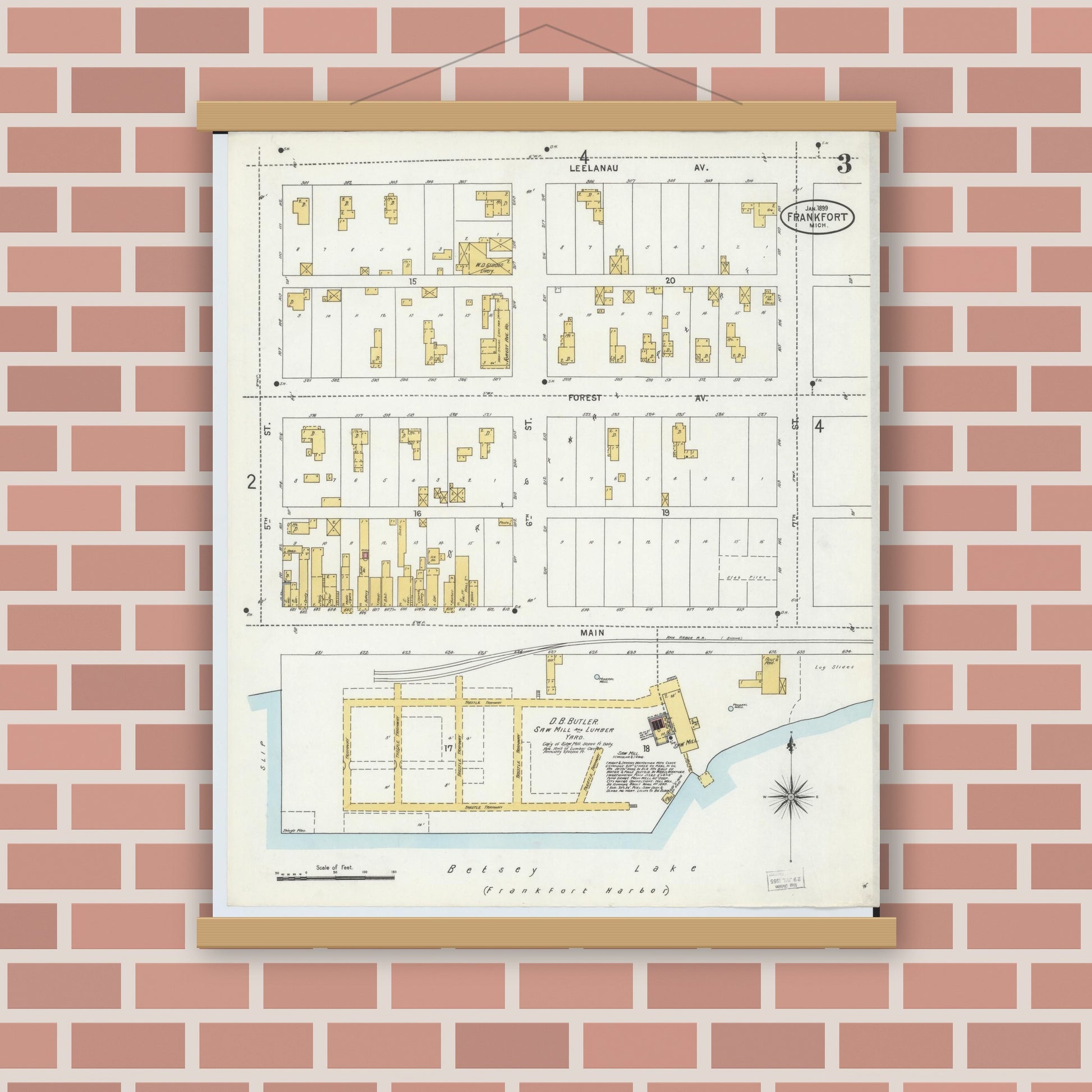 Old map wall art mockup — magnetic wood frame on brick wall — Sanborn Fire Insurance Map from Frankfort, Benzie County, Michigan (1899), Sheet #0003