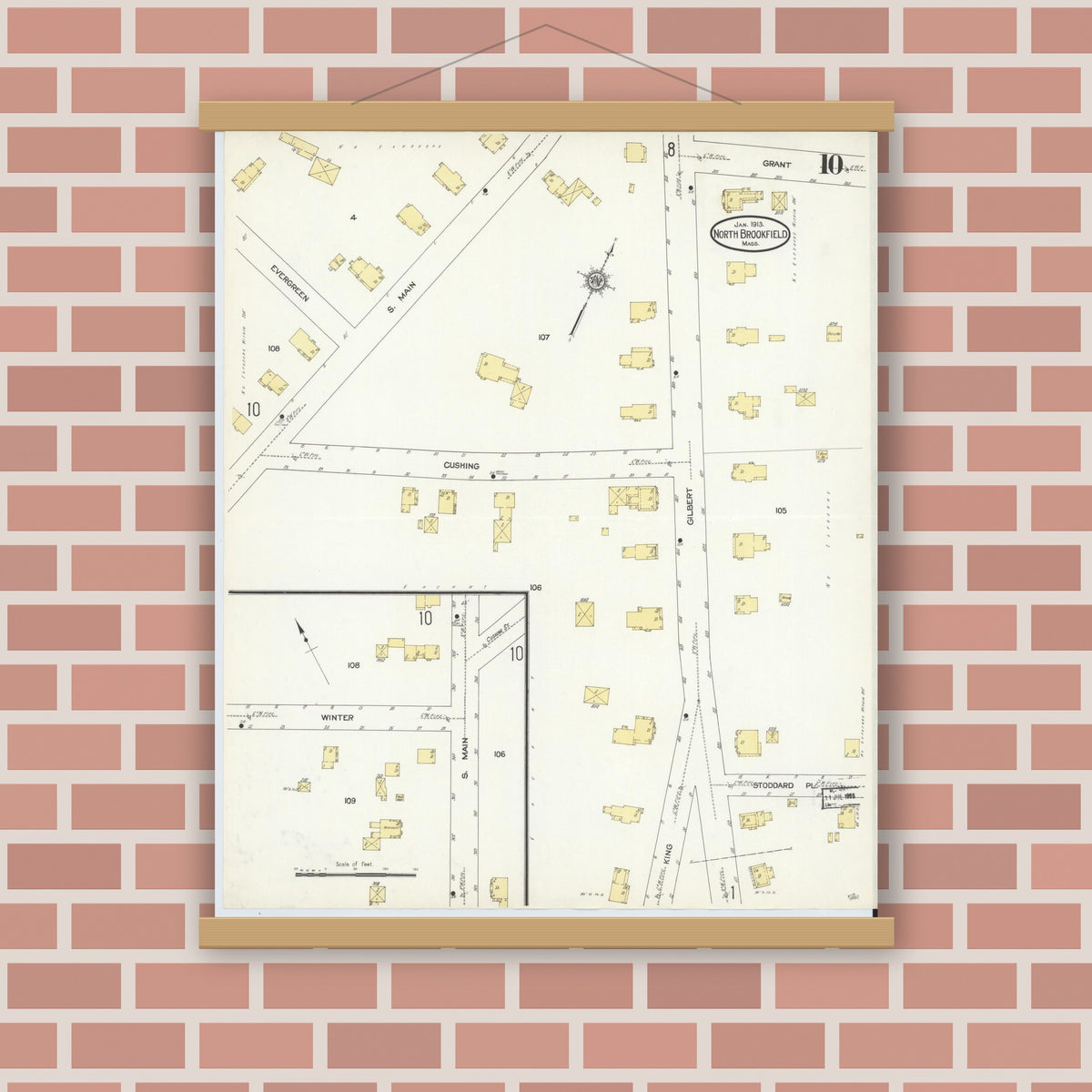 Old map wall art mockup — magnetic wood frame on brick wall — Sanborn Fire Insurance Map from North Brookfield, Worcester County, Massachusetts (1913), Sheet #0010