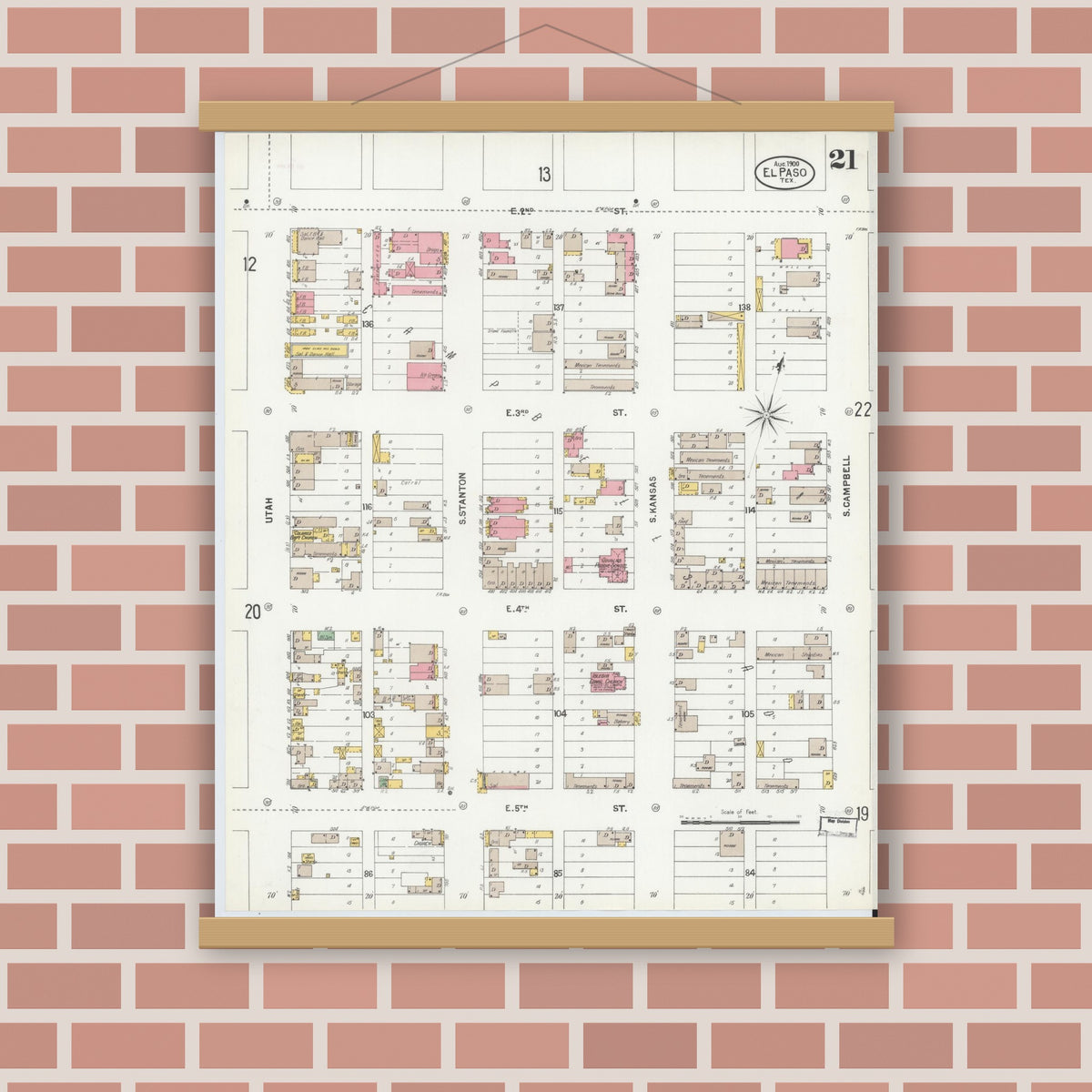 Old map wall art mockup — magnetic wood frame on brick wall — Sanborn Fire Insurance Map from El Paso, El Paso County, Texas (1900), Sheet #0021