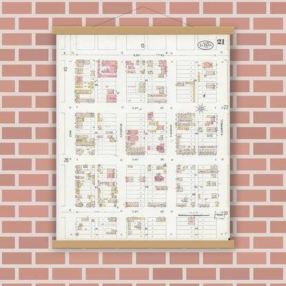 Old map wall art mockup — magnetic wood frame on brick wall — Sanborn Fire Insurance Map from El Paso, El Paso County, Texas (1900), Sheet #0021