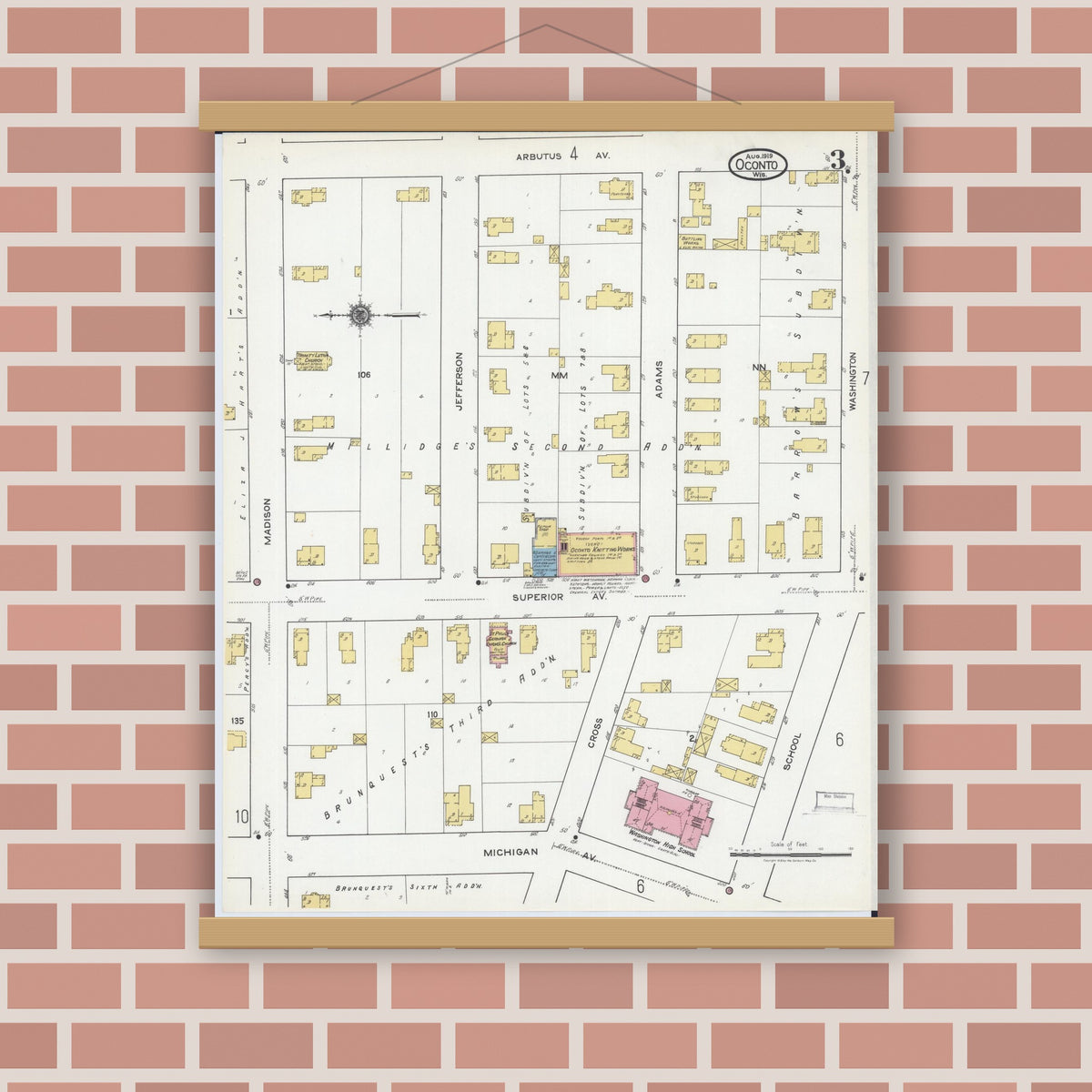 Old map wall art mockup — magnetic wood frame on brick wall — Sanborn Fire Insurance Map from Oconto, Oconto County, Wisconsin (1919), Sheet #0003