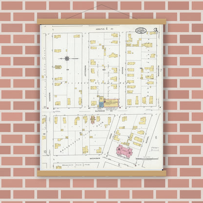 Old map wall art mockup — magnetic wood frame on brick wall — Sanborn Fire Insurance Map from Oconto, Oconto County, Wisconsin (1919), Sheet #0003