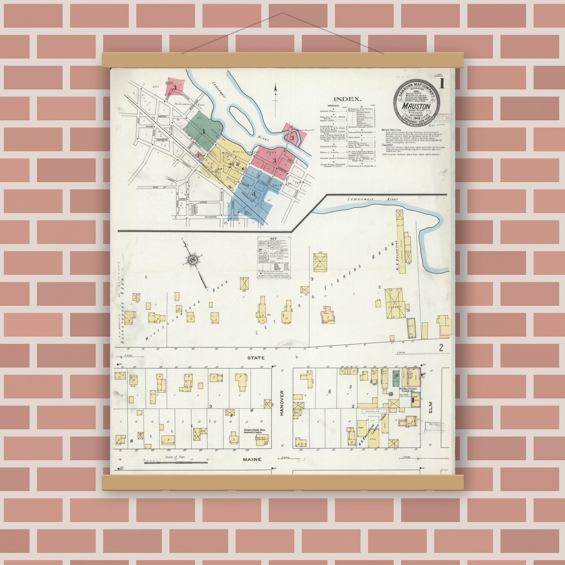 Old map wall art mockup — magnetic wood frame on brick wall — Sanborn Fire Insurance Map from Mauston, Juneau County, Wisconsin (1909) - Complete Map Set