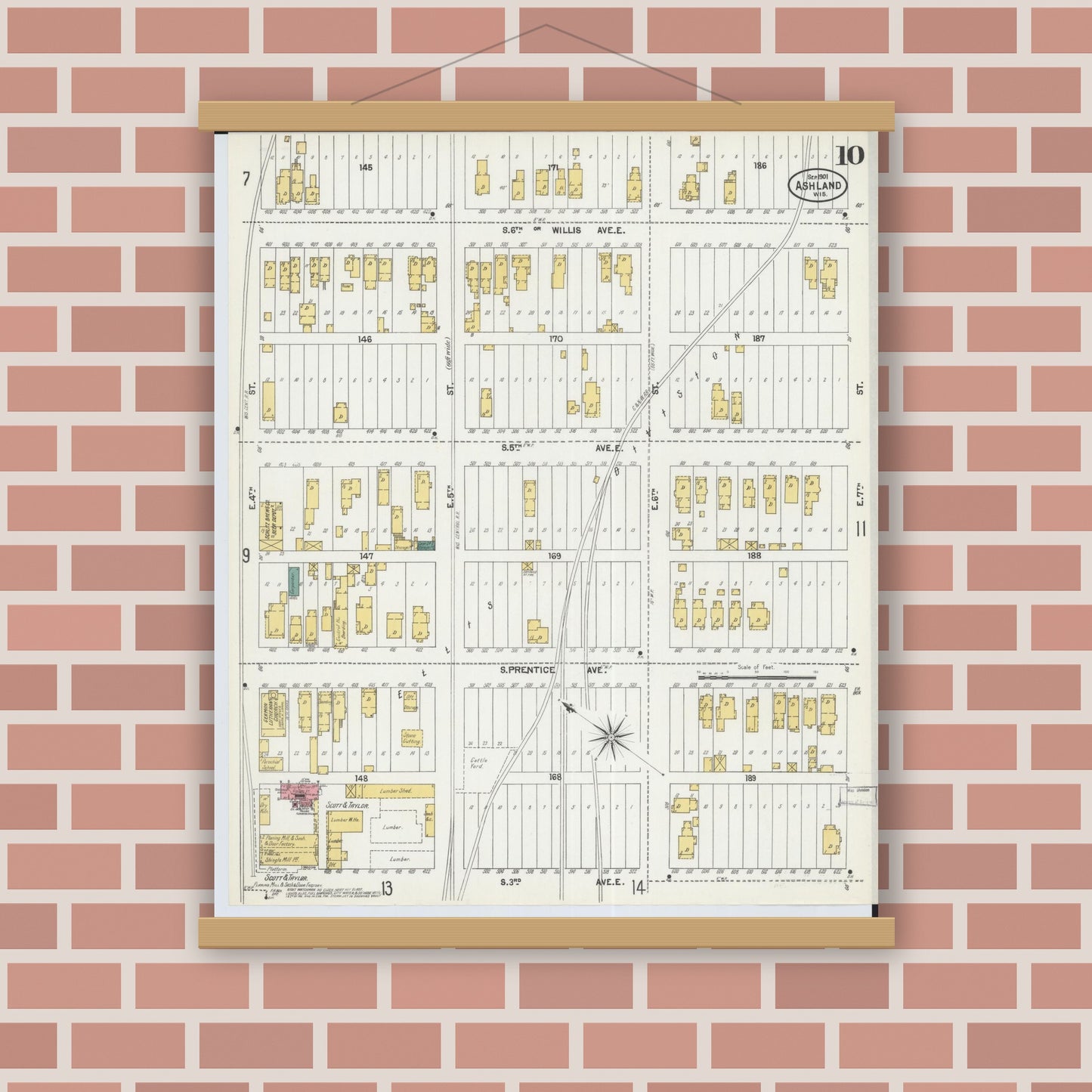 Old map wall art mockup — magnetic wood frame on brick wall — Sanborn Fire Insurance Map from Ashland, Ashland County, Wisconsin (1901), Sheet #0010