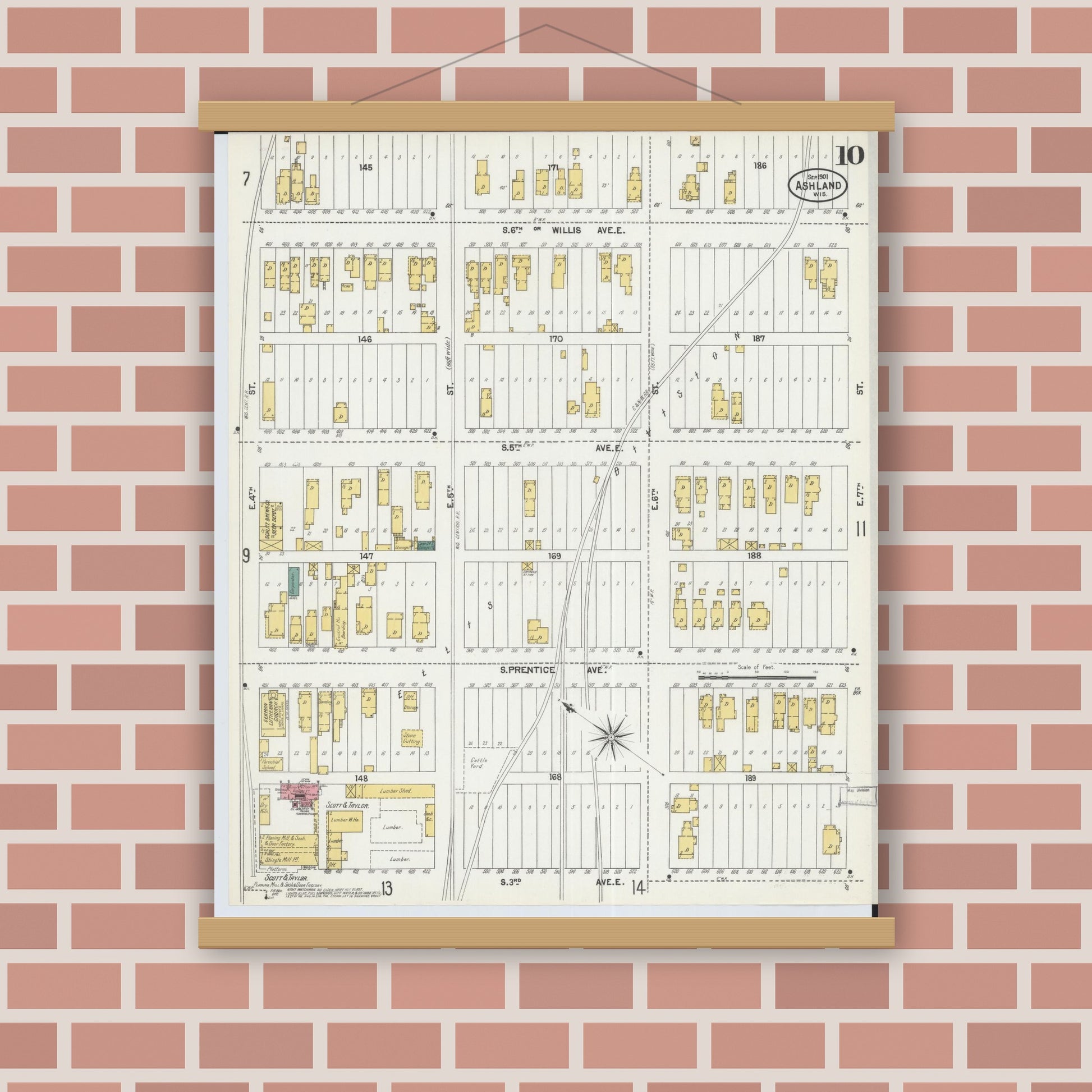Old map wall art mockup — magnetic wood frame on brick wall — Sanborn Fire Insurance Map from Ashland, Ashland County, Wisconsin (1901), Sheet #0010