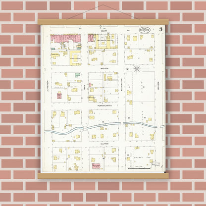 Old map wall art mockup — magnetic wood frame on brick wall — Sanborn Fire Insurance Map from Bedford, Taylor County, Iowa (1898), Sheet #0003