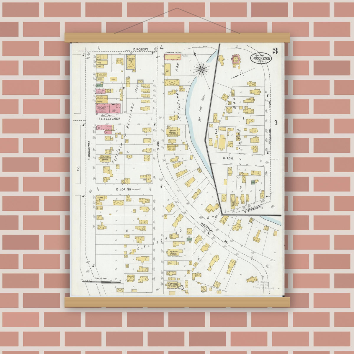 Old map wall art mockup — magnetic wood frame on brick wall — Sanborn Fire Insurance Map from Crookston, Polk County, Minnesota (1900), Sheet #0003