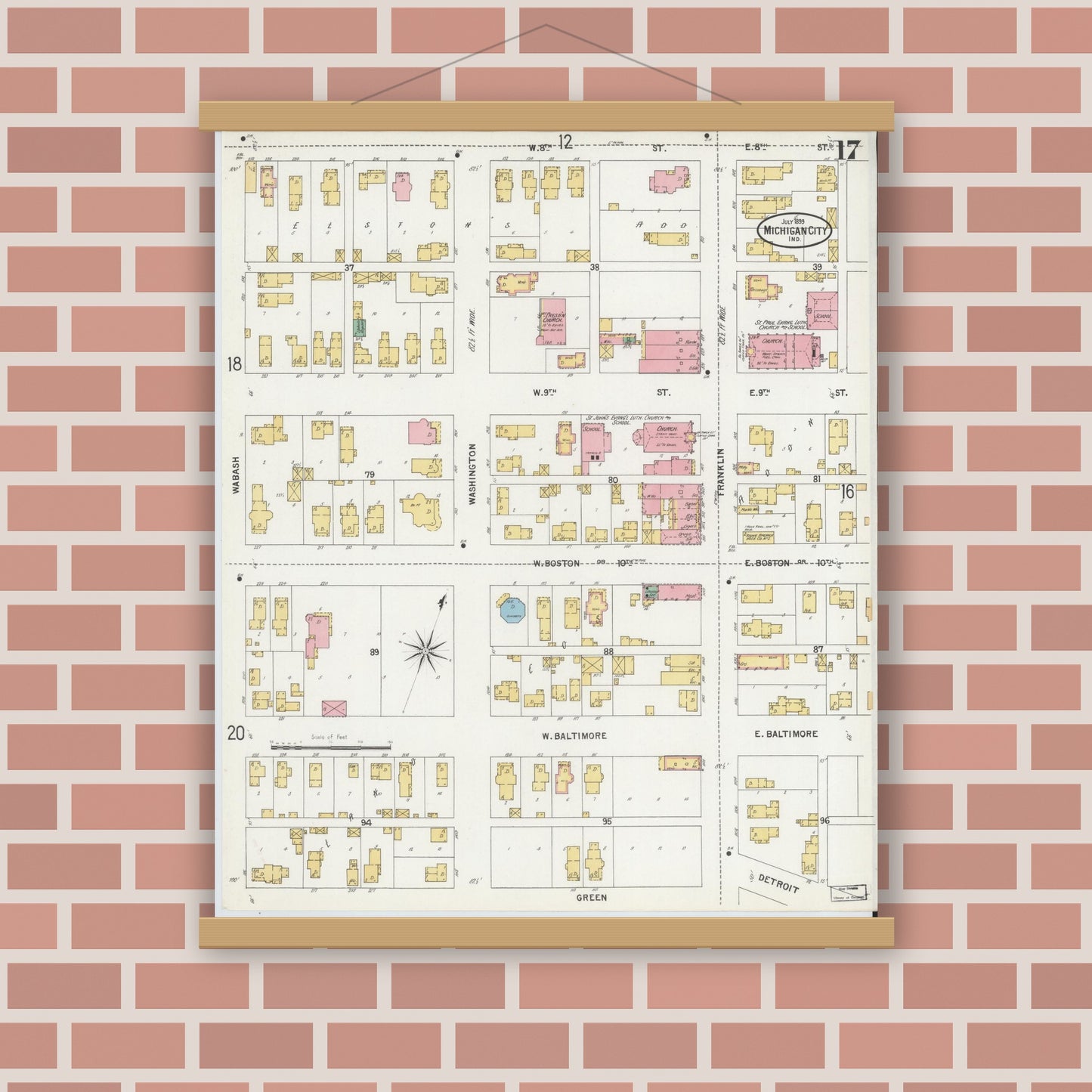 Old map wall art mockup — magnetic wood frame on brick wall — Sanborn Fire Insurance Map from Michigan City, La Porte County, Indiana (1899), Sheet #0017
