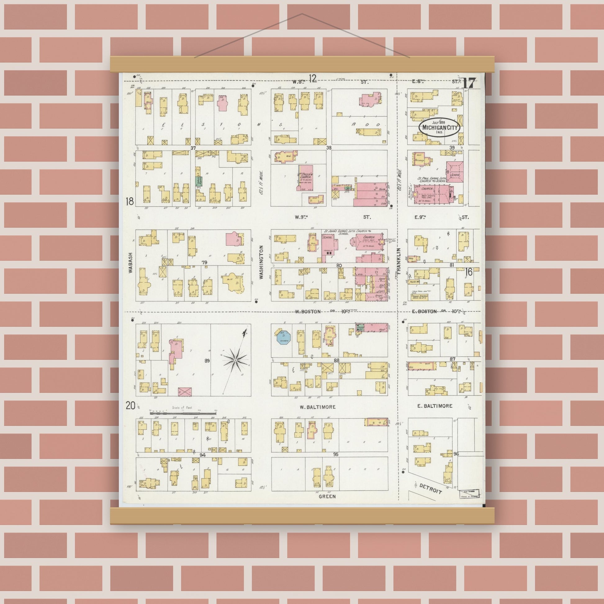 Old map wall art mockup — magnetic wood frame on brick wall — Sanborn Fire Insurance Map from Michigan City, La Porte County, Indiana (1899), Sheet #0017