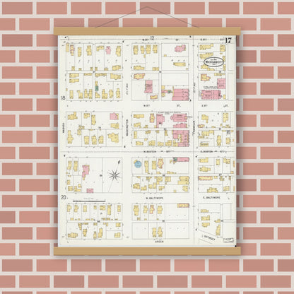 Old map wall art mockup — magnetic wood frame on brick wall — Sanborn Fire Insurance Map from Michigan City, La Porte County, Indiana (1899), Sheet #0017
