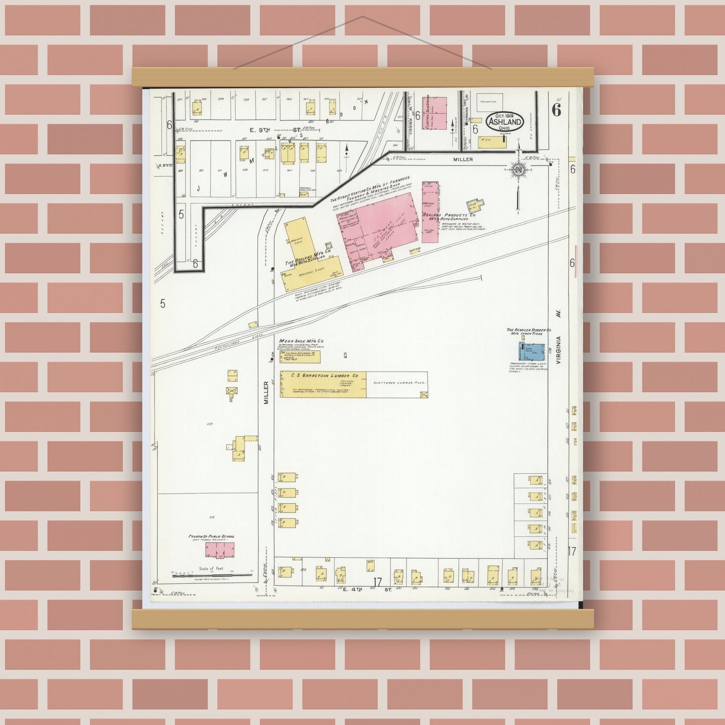 Old map wall art mockup — magnetic wood frame on brick wall — Sanborn Fire Insurance Map from Ashland, Ashland County, Ohio (1919), Sheet #0006