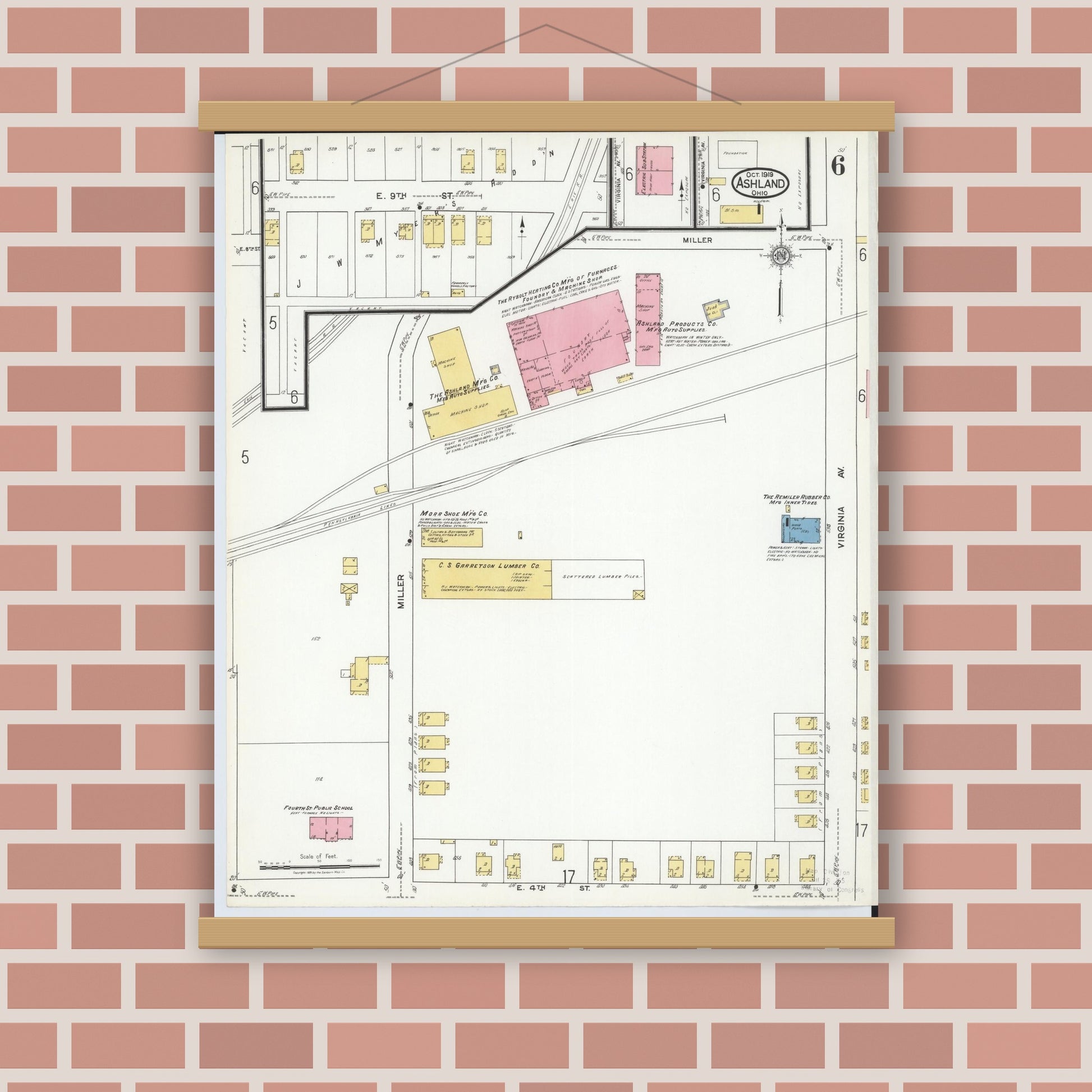 Old map wall art mockup — magnetic wood frame on brick wall — Sanborn Fire Insurance Map from Ashland, Ashland County, Ohio (1919), Sheet #0006