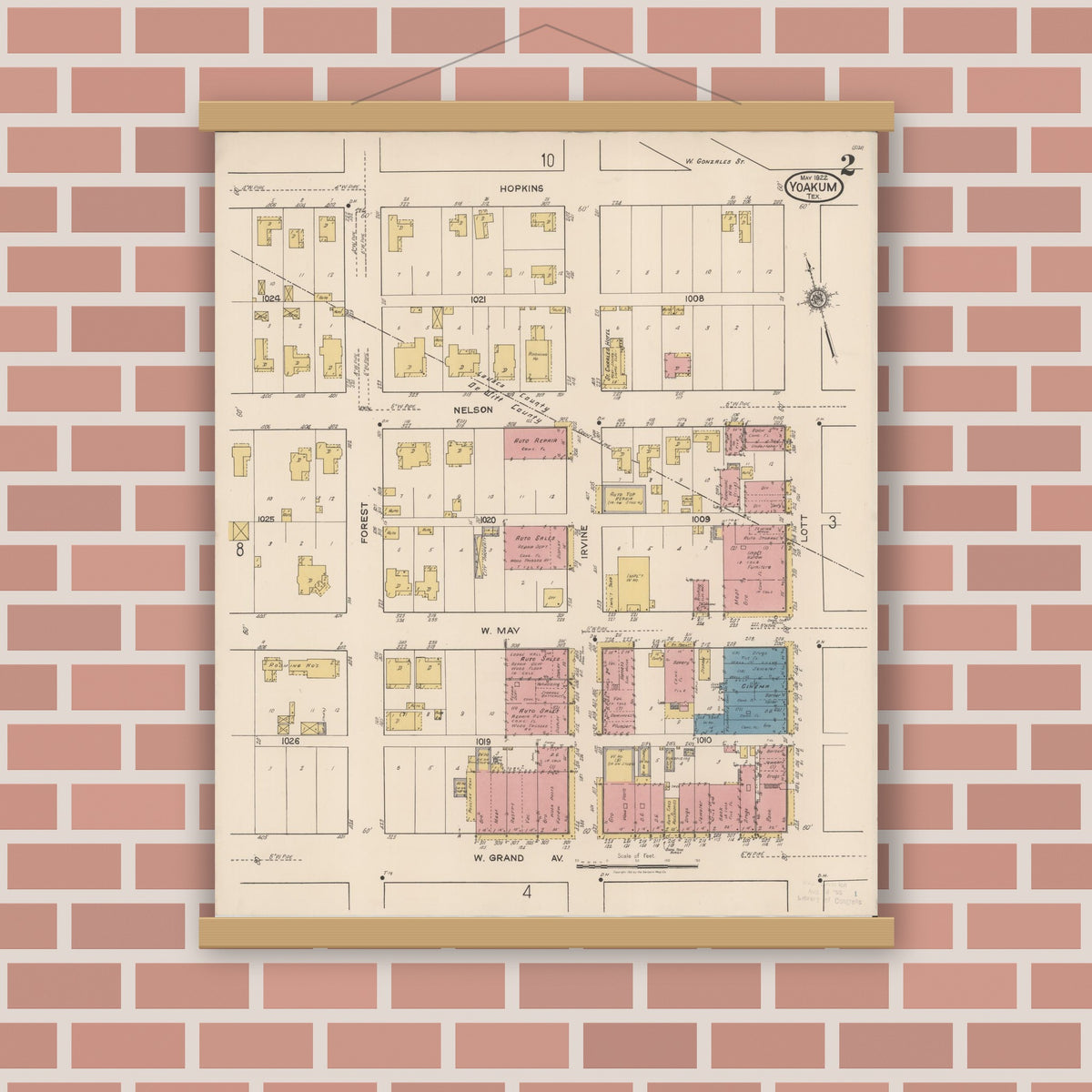 Old map wall art mockup — magnetic wood frame on brick wall — Sanborn Fire Insurance Map from Yoakum, De Witt And Lavaca Counties, Texas (1922), Sheet #0002