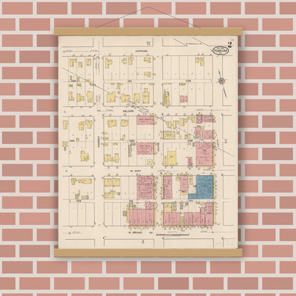 Old map wall art mockup — magnetic wood frame on brick wall — Sanborn Fire Insurance Map from Yoakum, De Witt And Lavaca Counties, Texas (1922), Sheet #0002