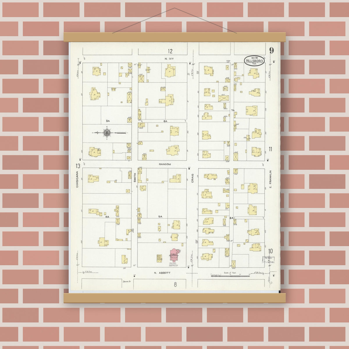 Old map wall art mockup — magnetic wood frame on brick wall — Sanborn Fire Insurance Map from Hillsboro, Hill County, Texas (1911), Sheet #0009