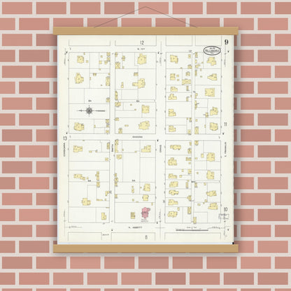 Old map wall art mockup — magnetic wood frame on brick wall — Sanborn Fire Insurance Map from Hillsboro, Hill County, Texas (1911), Sheet #0009