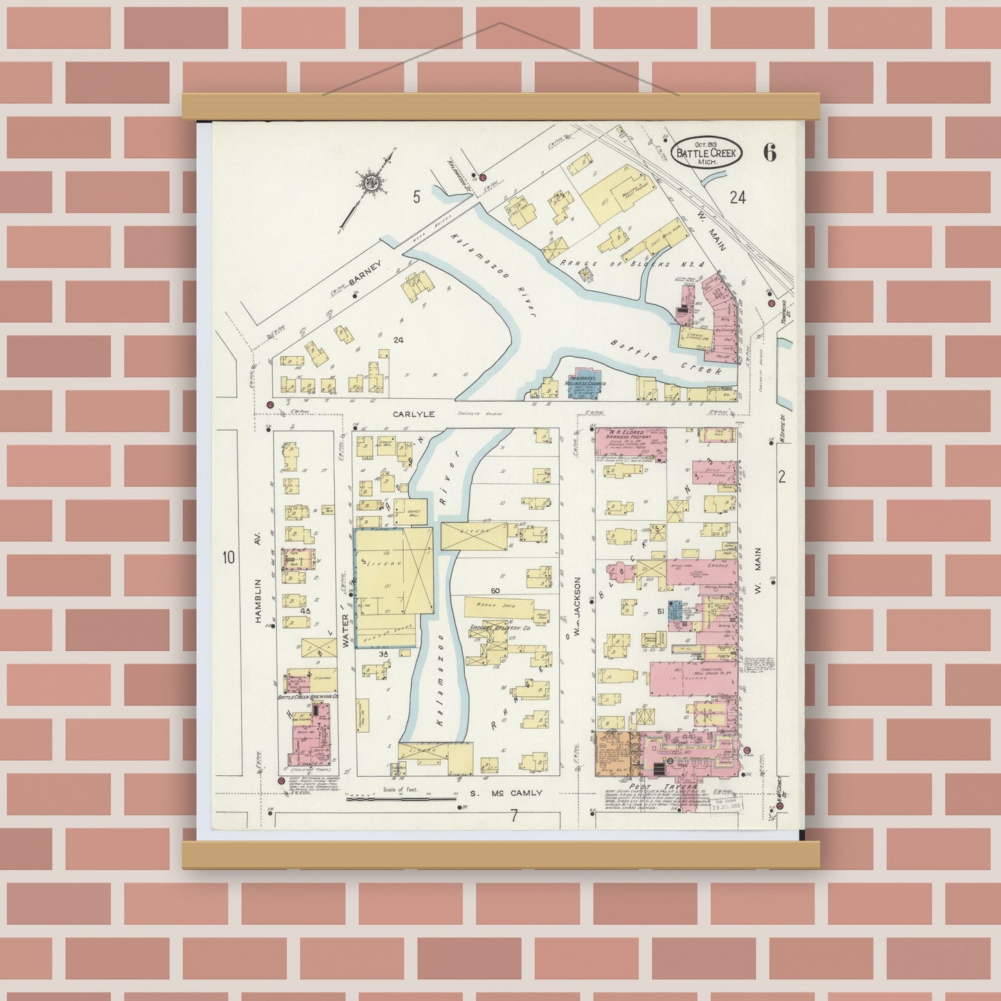 Old map wall art mockup — magnetic wood frame on brick wall — Sanborn Fire Insurance Map from Battle Creek, Calhoun County, Michigan (1913), Sheet #0006