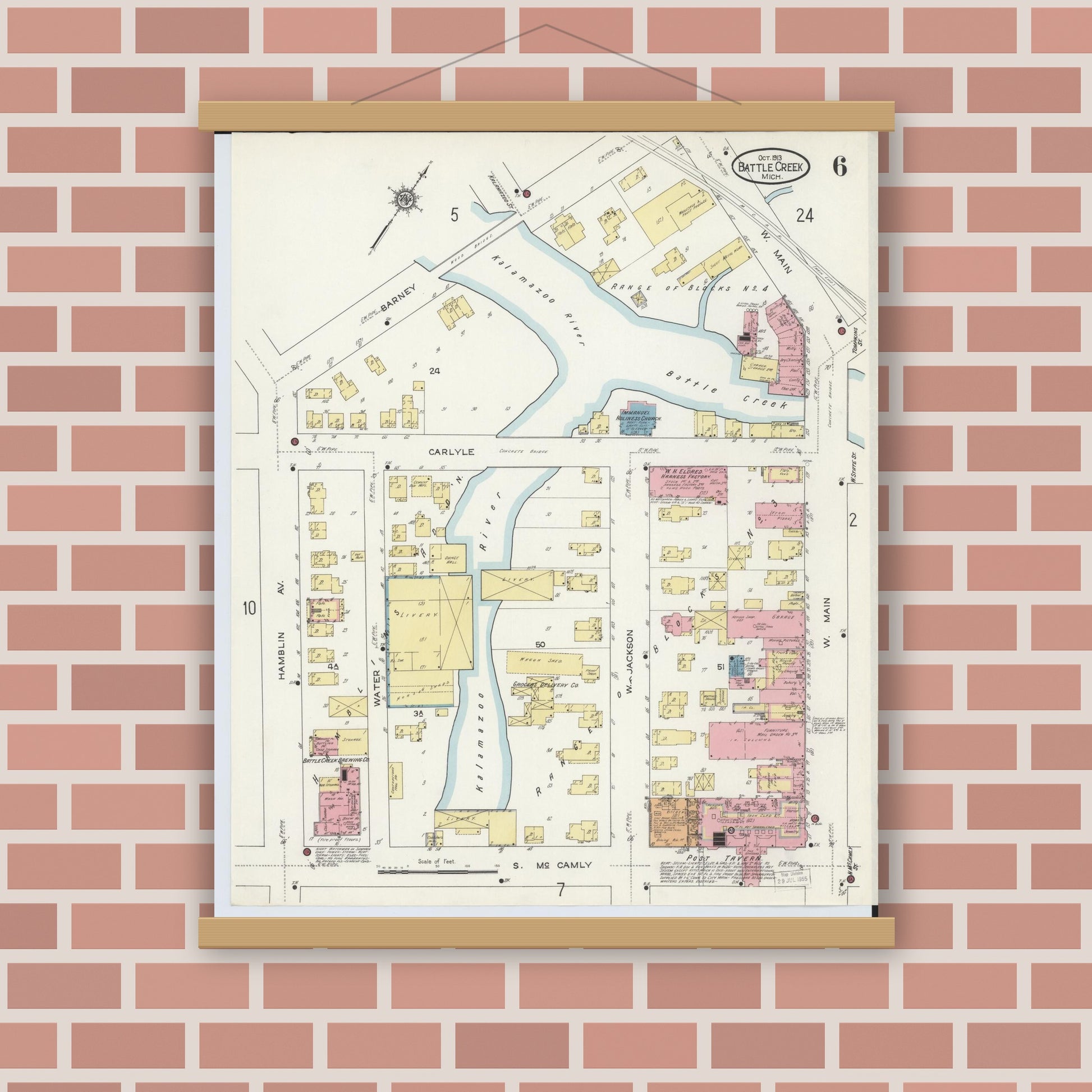 Old map wall art mockup — magnetic wood frame on brick wall — Sanborn Fire Insurance Map from Battle Creek, Calhoun County, Michigan (1913), Sheet #0006