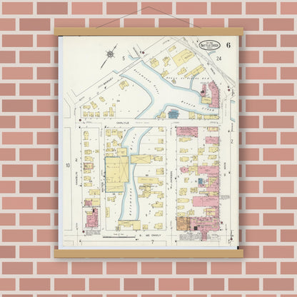 Old map wall art mockup — magnetic wood frame on brick wall — Sanborn Fire Insurance Map from Battle Creek, Calhoun County, Michigan (1913), Sheet #0006