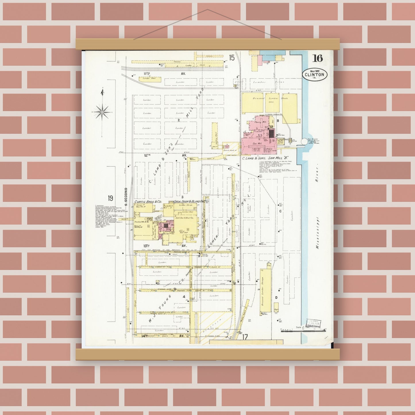 Old map wall art mockup — magnetic wood frame on brick wall — Sanborn Fire Insurance Map from Clinton, Clinton County, Iowa (1897), Sheet #0016