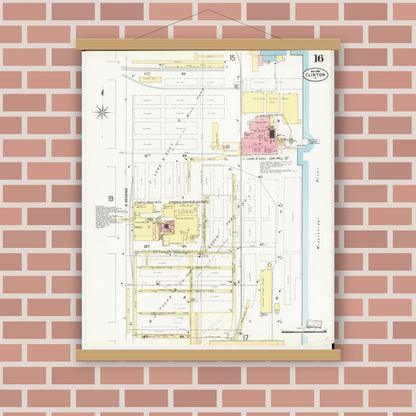 Old map wall art mockup — magnetic wood frame on brick wall — Sanborn Fire Insurance Map from Clinton, Clinton County, Iowa (1897), Sheet #0016