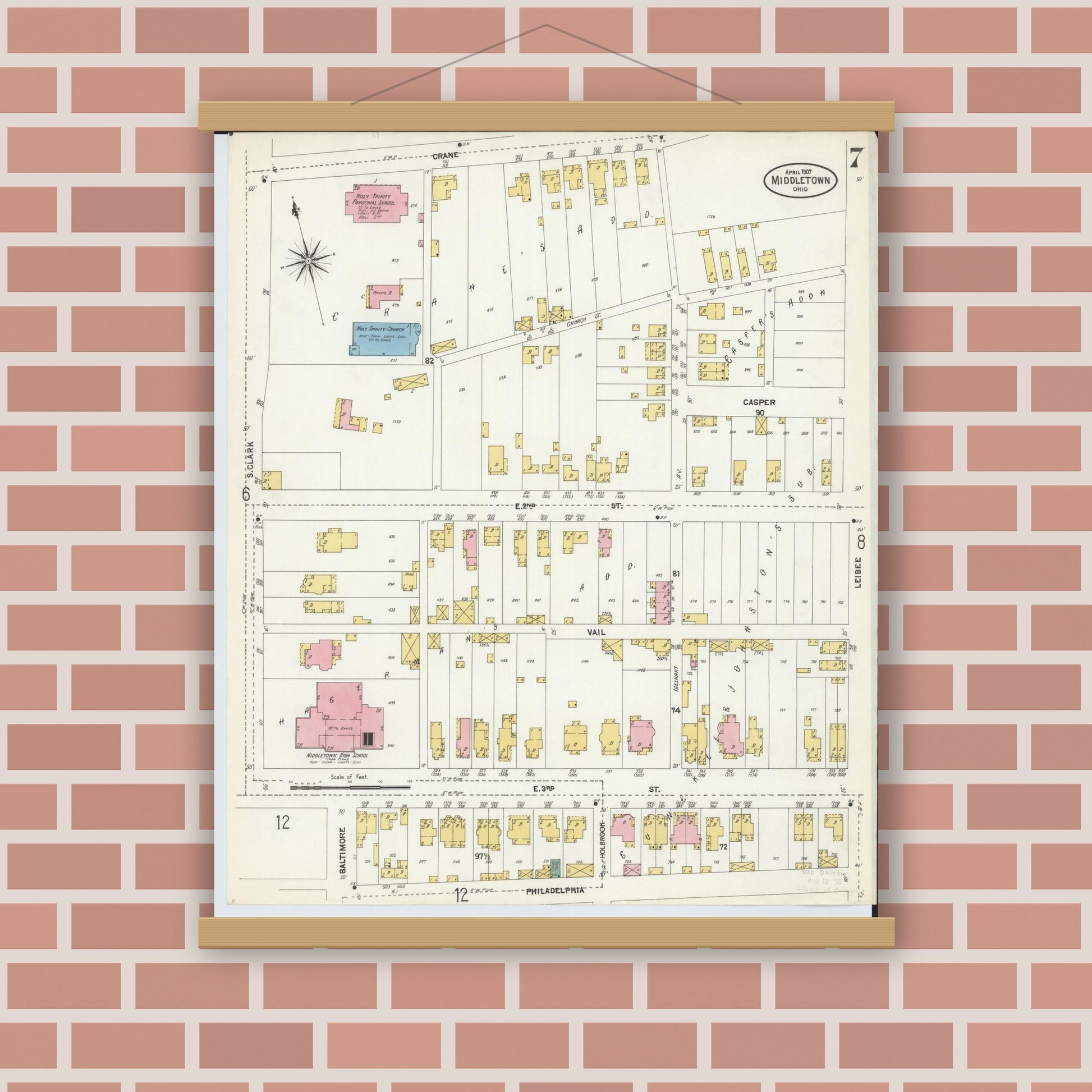 Old map wall art mockup — magnetic wood frame on brick wall — Sanborn Fire Insurance Map from Middletown, Butler County, Ohio (1907), Sheet #0007