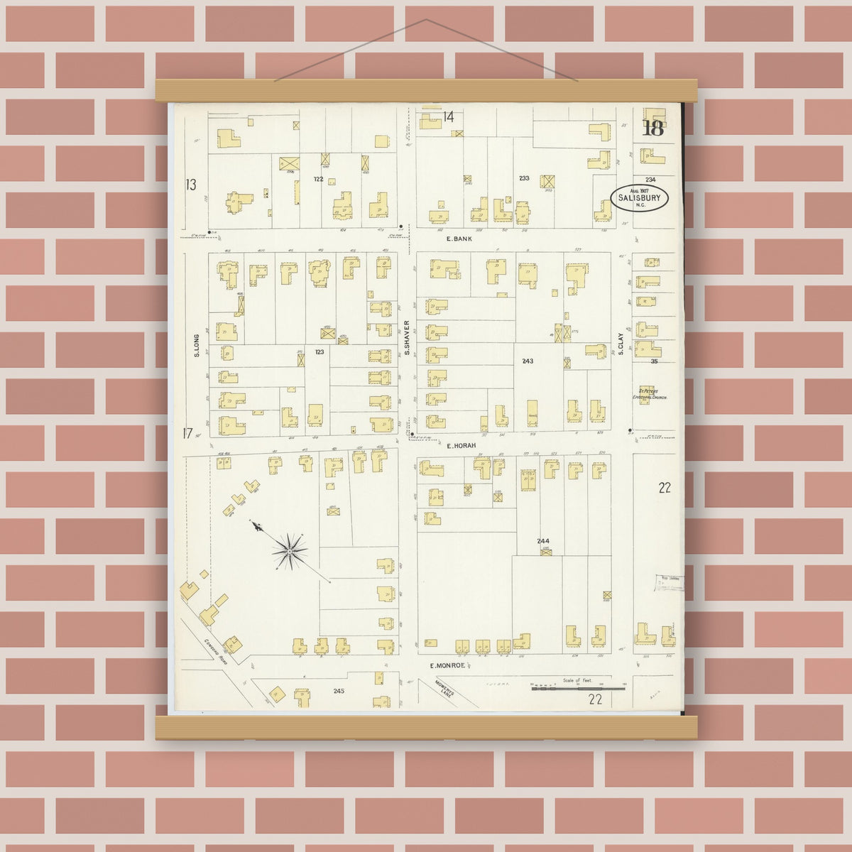 Old map wall art mockup — magnetic wood frame on brick wall — Sanborn Fire Insurance Map from Salisbury, Rowan County, North Carolina (1907), Sheet #0018