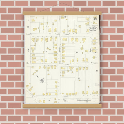 Old map wall art mockup — magnetic wood frame on brick wall — Sanborn Fire Insurance Map from Salisbury, Rowan County, North Carolina (1907), Sheet #0018