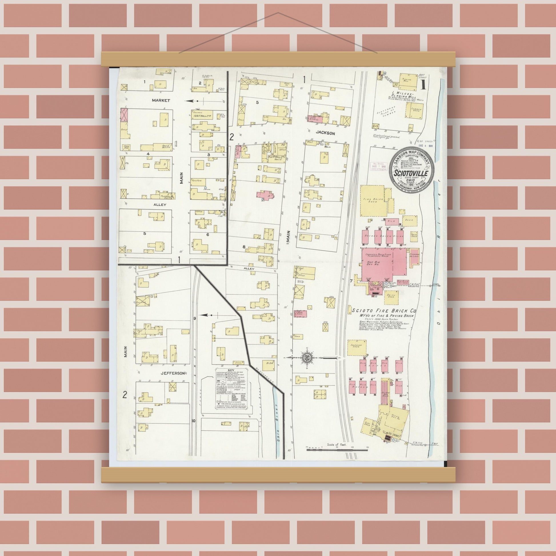 Old map wall art mockup — magnetic wood frame on brick wall — Sanborn Fire Insurance Map from Sciotoville, Scioto County, Ohio (1911), Sheet #0001