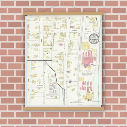 Old map wall art mockup — magnetic wood frame on brick wall — Sanborn Fire Insurance Map from Sciotoville, Scioto County, Ohio (1911), Sheet #0001