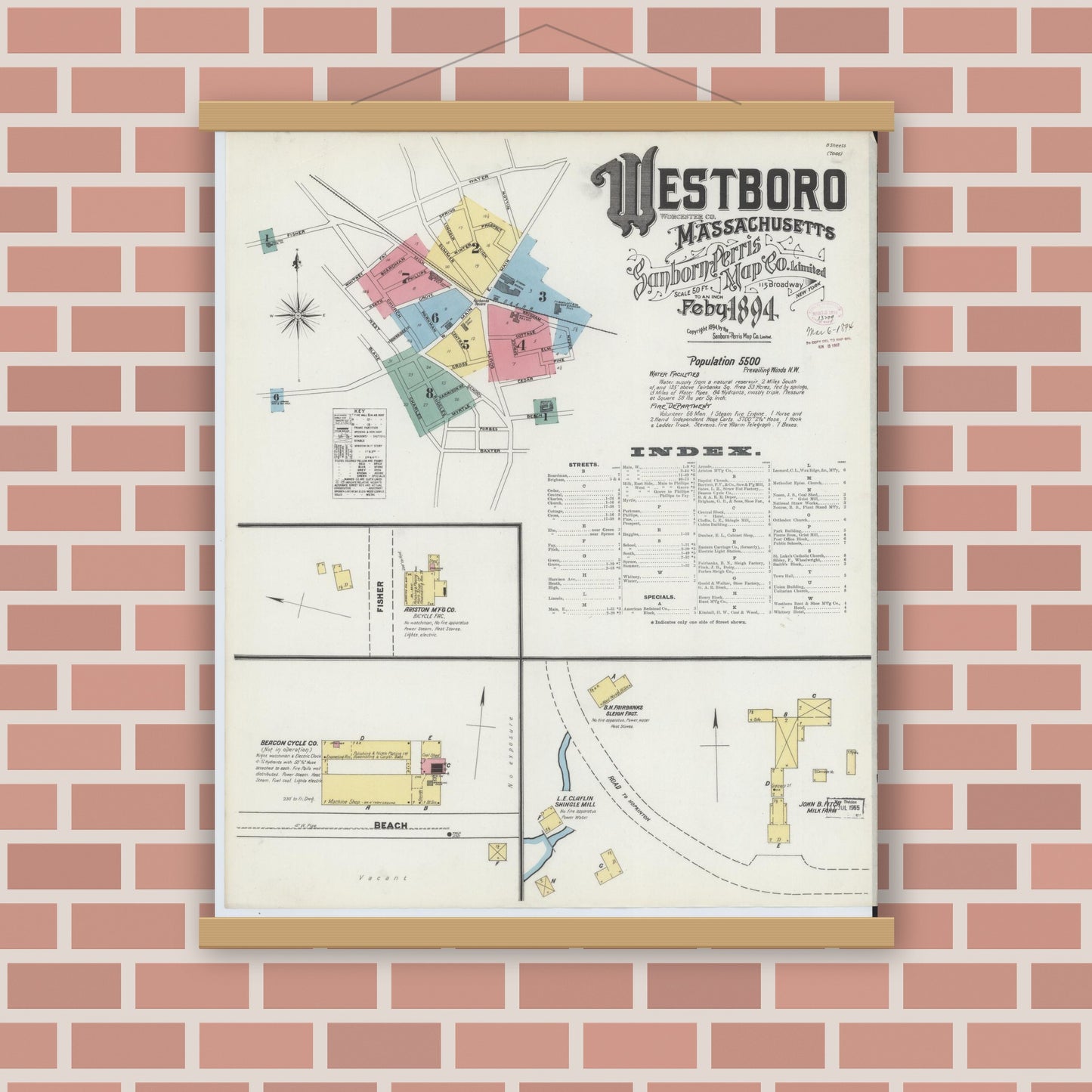 Old map wall art mockup — magnetic wood frame on brick wall — Sanborn Fire Insurance Map from Westboro, Worcester County, Massachusetts (1894), Sheet #0001