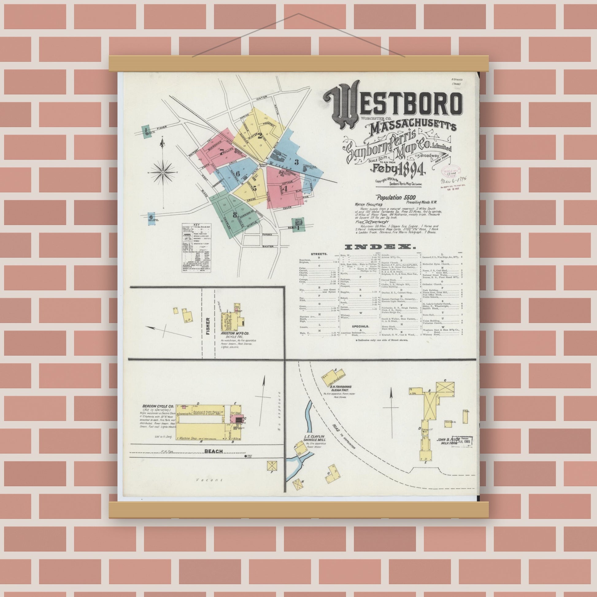 Old map wall art mockup — magnetic wood frame on brick wall — Sanborn Fire Insurance Map from Westboro, Worcester County, Massachusetts (1894), Sheet #0001