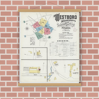 Old map wall art mockup — magnetic wood frame on brick wall — Sanborn Fire Insurance Map from Westboro, Worcester County, Massachusetts (1894), Sheet #0001