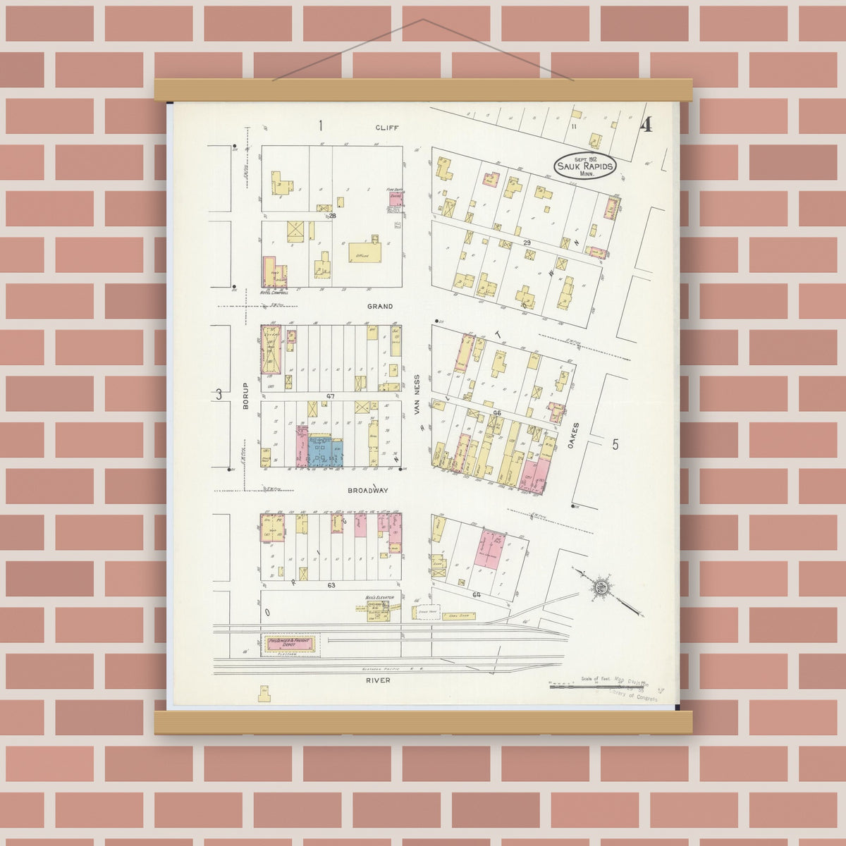 Old map wall art mockup — magnetic wood frame on brick wall — Sanborn Fire Insurance Map from Sauk Rapids, Benton County, Minnesota (1912), Sheet #0004