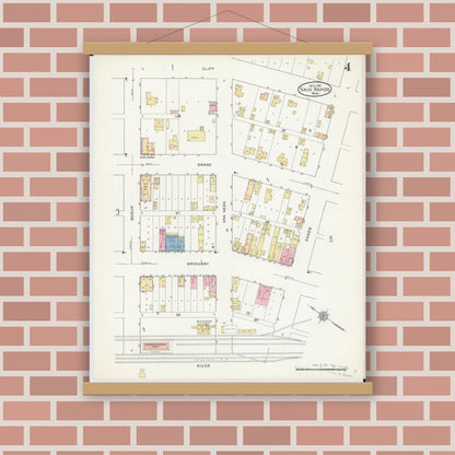 Old map wall art mockup — magnetic wood frame on brick wall — Sanborn Fire Insurance Map from Sauk Rapids, Benton County, Minnesota (1912), Sheet #0004