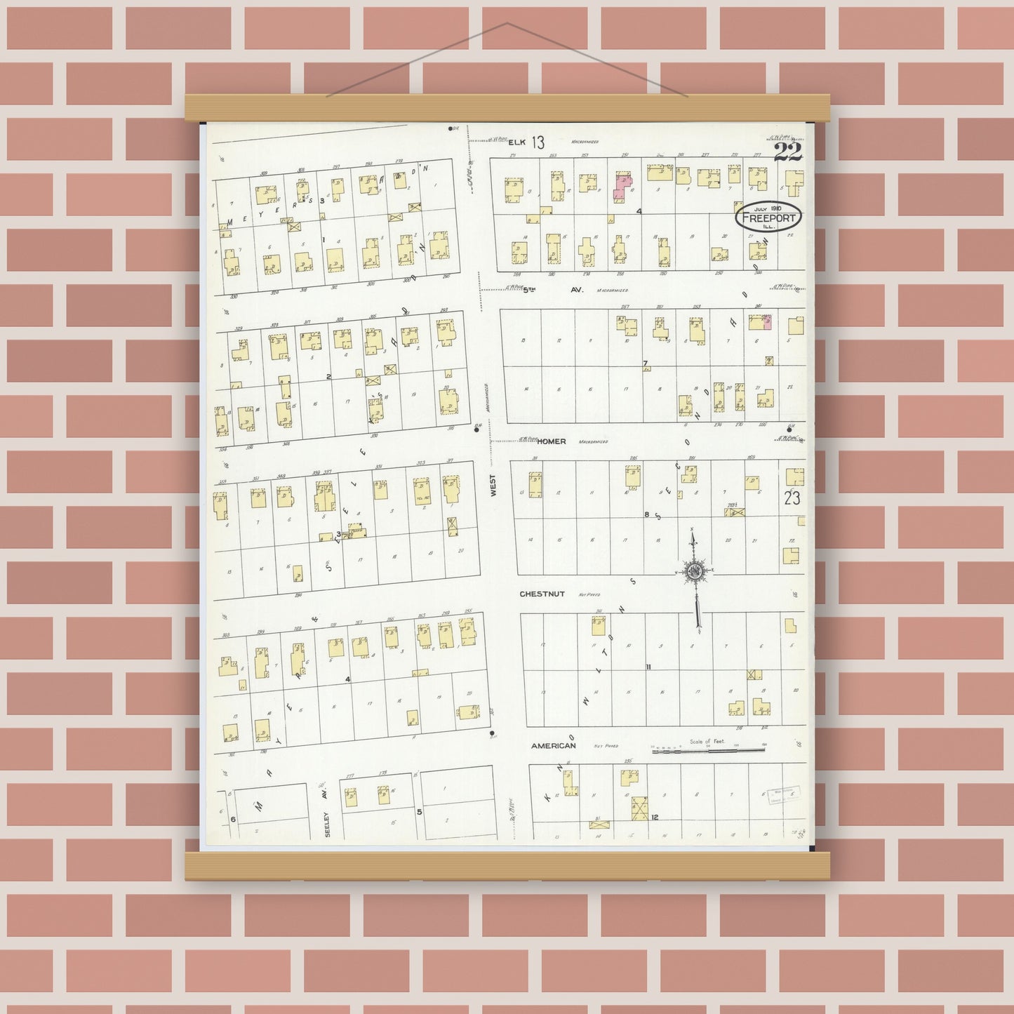 Old map wall art mockup — magnetic wood frame on brick wall — Sanborn Fire Insurance Map from Freeport, Stephenson County, Illinois (1910), Sheet #0022