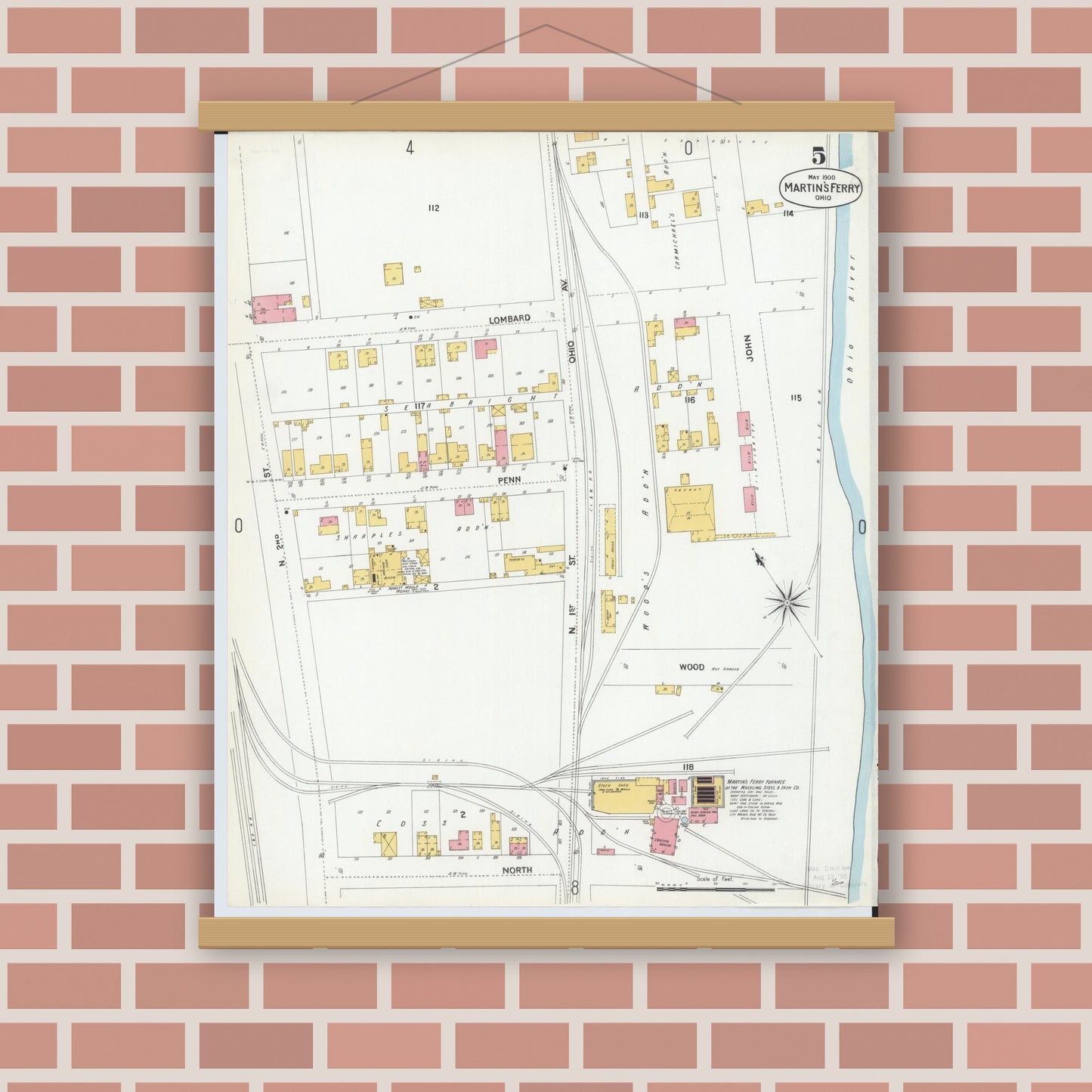 Old map wall art mockup — magnetic wood frame on brick wall — Sanborn Fire Insurance Map from Martins Ferry, Belmont County, Ohio (1900), Sheet #0005