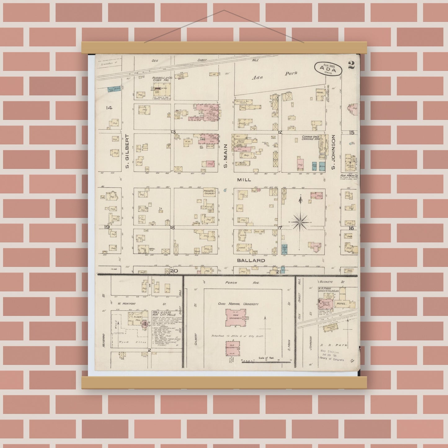 Old map wall art mockup — magnetic wood frame on brick wall — Sanborn Fire Insurance Map from Ada, Hardin County, Ohio (1885), Sheet #0002