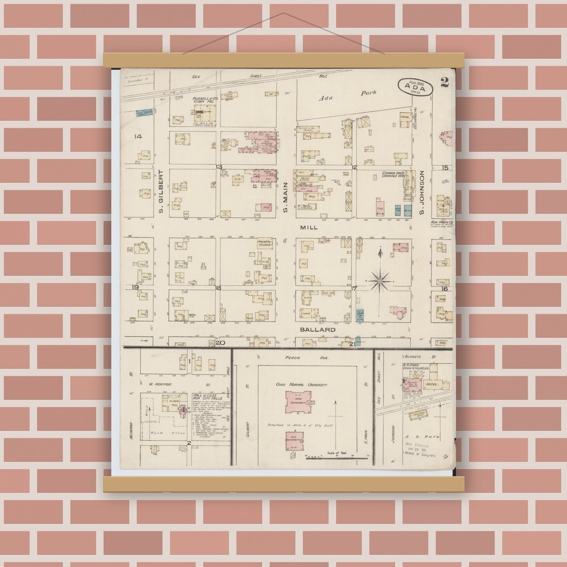 Old map wall art mockup — magnetic wood frame on brick wall — Sanborn Fire Insurance Map from Ada, Hardin County, Ohio (1885), Sheet #0002