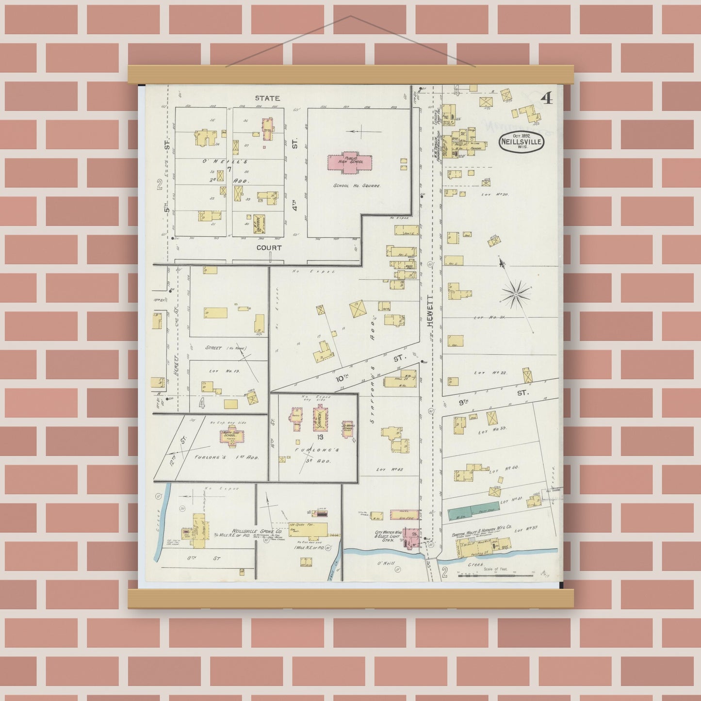 Old map wall art mockup — magnetic wood frame on brick wall — Sanborn Fire Insurance Map from Neillsville, Clark County, Wisconsin (1892), Sheet #0004