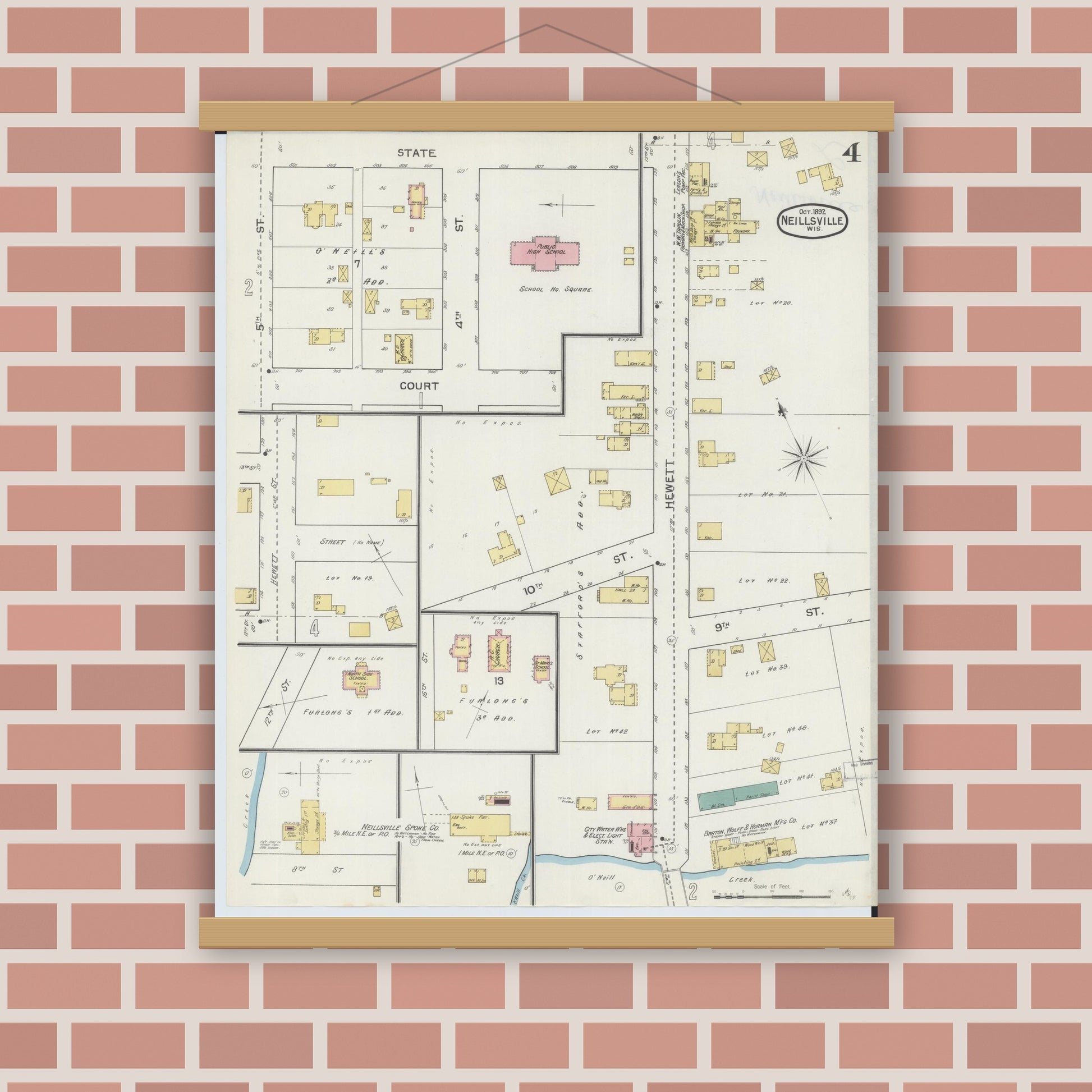 Old map wall art mockup — magnetic wood frame on brick wall — Sanborn Fire Insurance Map from Neillsville, Clark County, Wisconsin (1892), Sheet #0004