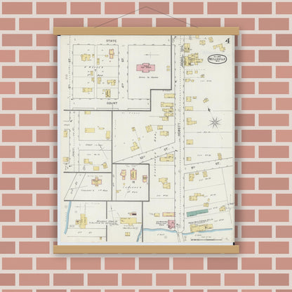 Old map wall art mockup — magnetic wood frame on brick wall — Sanborn Fire Insurance Map from Neillsville, Clark County, Wisconsin (1892), Sheet #0004