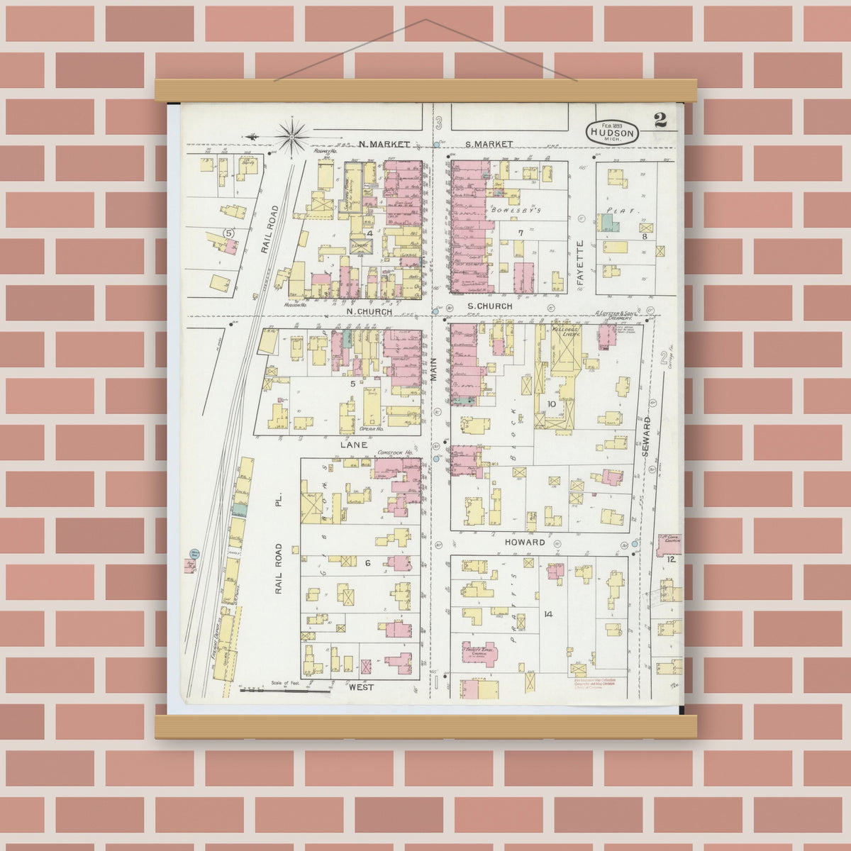 Old map wall art mockup — magnetic wood frame on brick wall — Sanborn Fire Insurance Map from Hudson, Lenawee County, Michigan (1893), Sheet #0002