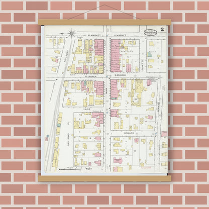 Old map wall art mockup — magnetic wood frame on brick wall — Sanborn Fire Insurance Map from Hudson, Lenawee County, Michigan (1893), Sheet #0002