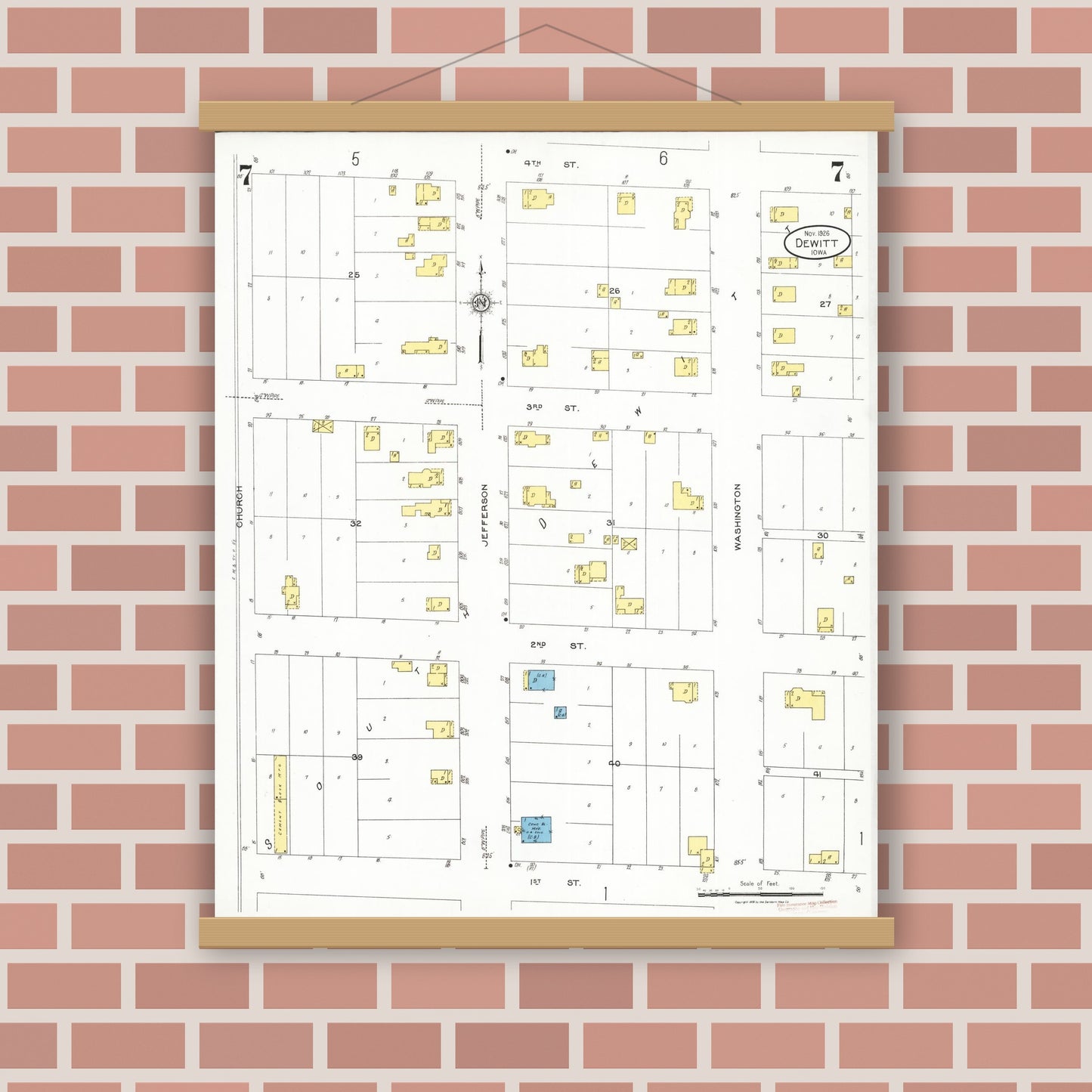 Old map wall art mockup — magnetic wood frame on brick wall — Sanborn Fire Insurance Map from De Witt, Clinton County, Iowa (1926), Sheet #0007