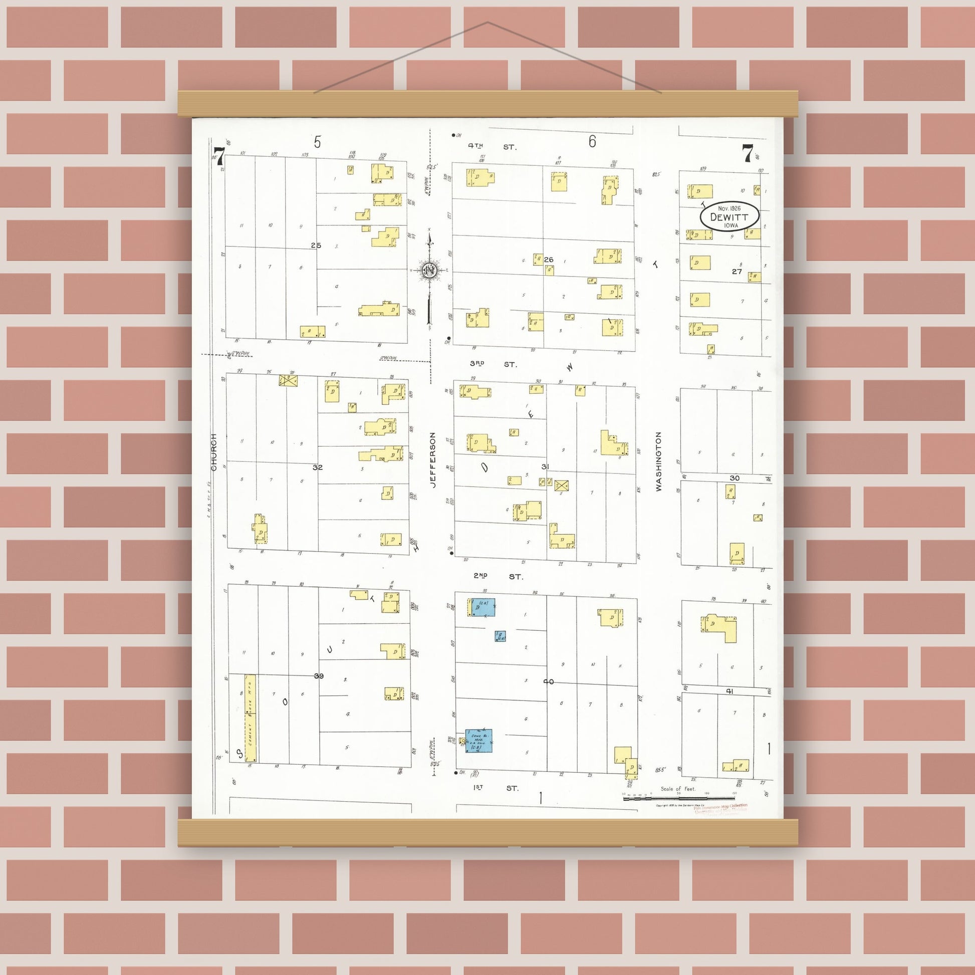 Old map wall art mockup — magnetic wood frame on brick wall — Sanborn Fire Insurance Map from De Witt, Clinton County, Iowa (1926), Sheet #0007