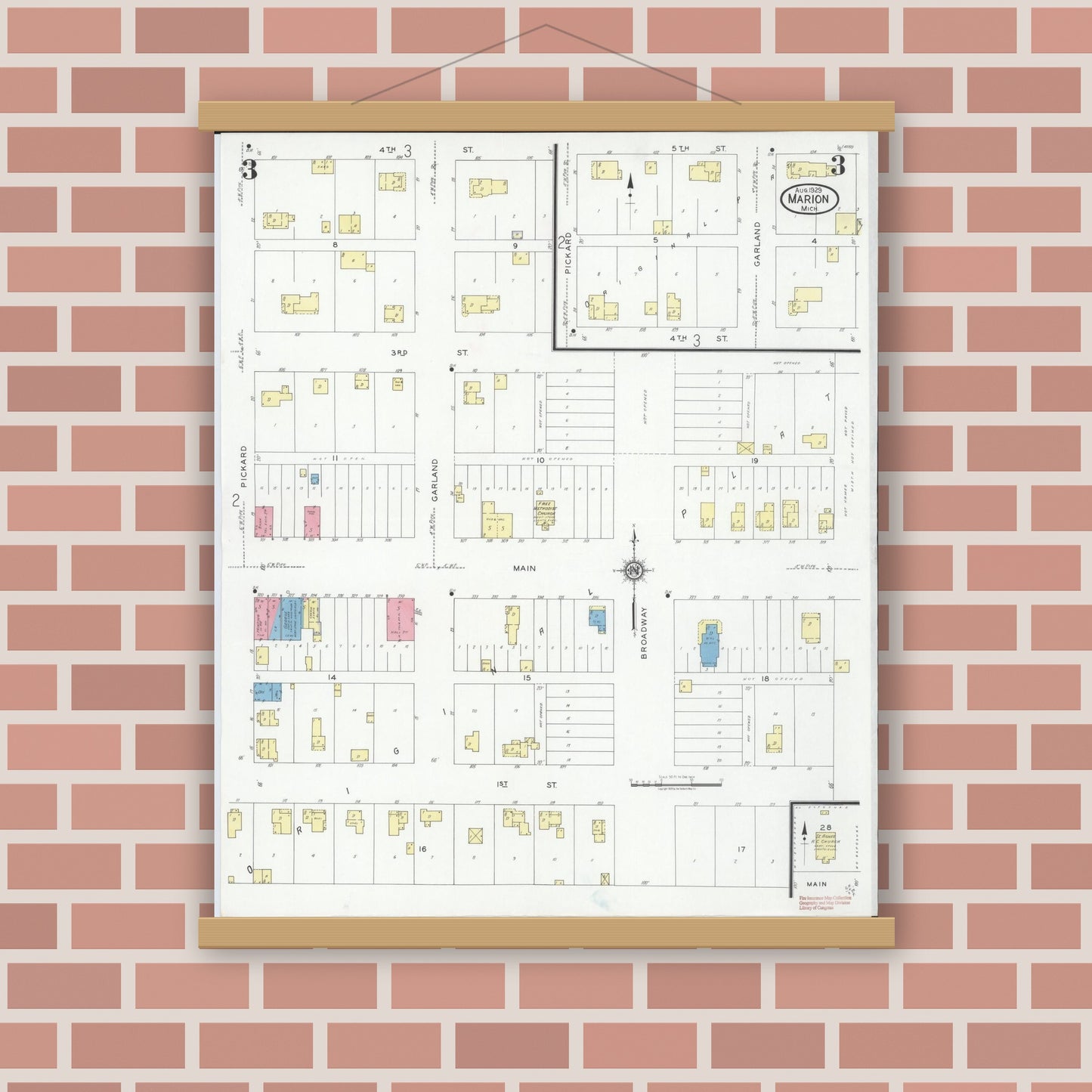 Old map wall art mockup — magnetic wood frame on brick wall — Sanborn Fire Insurance Map from Marion, Osceola County, Michigan (1929), Sheet #0003