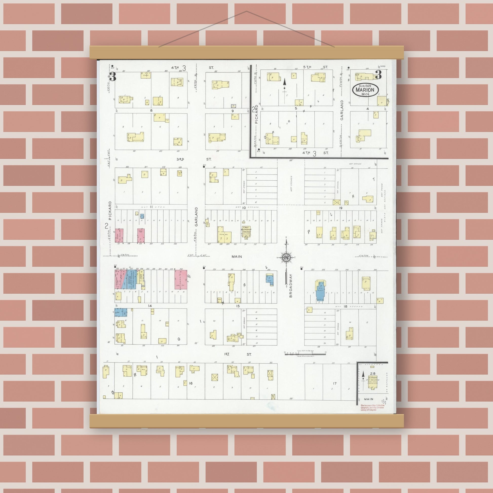 Old map wall art mockup — magnetic wood frame on brick wall — Sanborn Fire Insurance Map from Marion, Osceola County, Michigan (1929), Sheet #0003