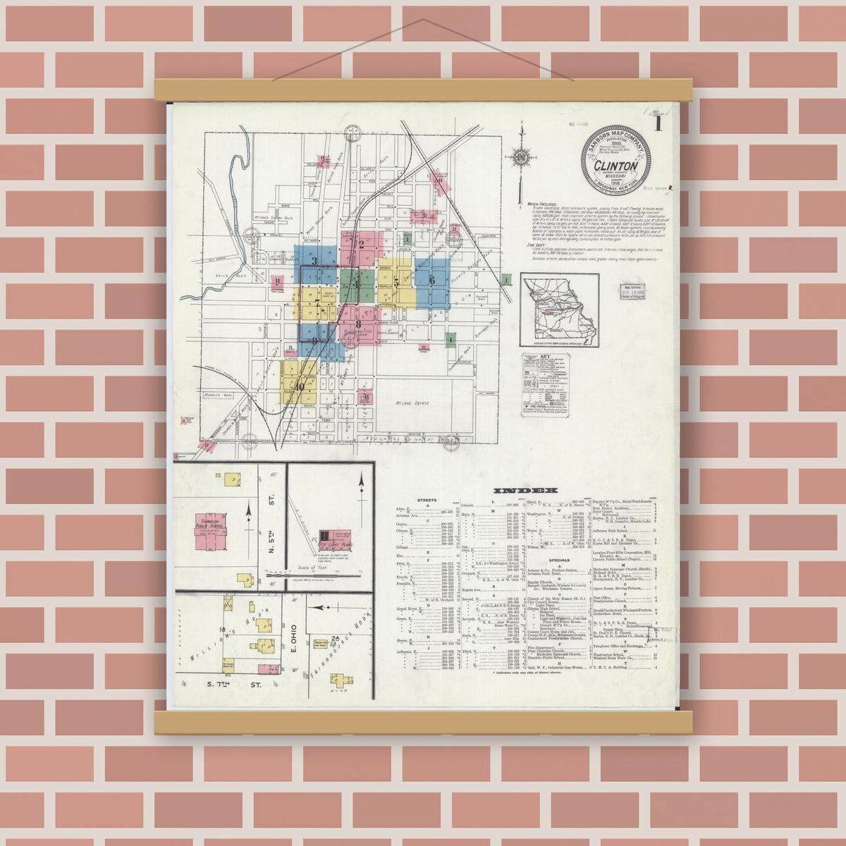 Old map wall art mockup — magnetic wood frame on brick wall — Sanborn Fire Insurance Map from Clinton, Henry County, Missouri (1918) - Complete Map Set